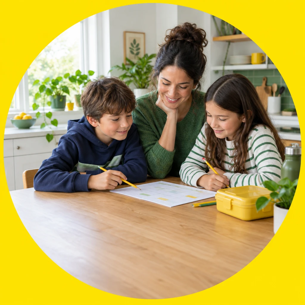 A parent and children planning together at a kitchen table.